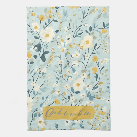 Linge De Cuisine Fleurs blanches bleues et vertes vives (Vertical)
