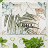 Linge De Cuisine Fleurs blanches bleues tropicales (Plié)