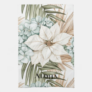 Linge De Cuisine Fleurs blanches bleues tropicales  