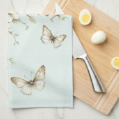 Linge De Cuisine Fleurs blanches de menthe papillons (Quart Plié)