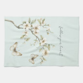 Linge De Cuisine Fleurs blanches de menthe papillons (Horizontal)