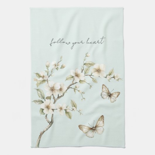 Linge De Cuisine Fleurs blanches de menthe papillons (Vertical)