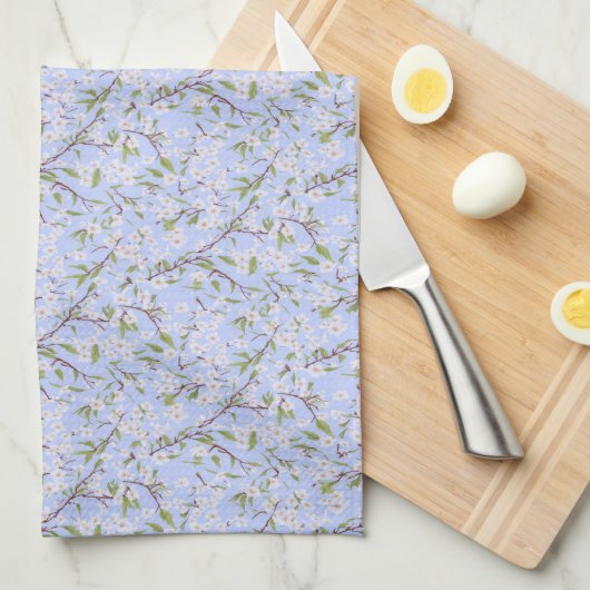 Linge De Cuisine Fleurs blanches en bleu (Quart Plié)