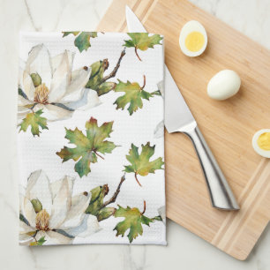 Linge De Cuisine Fleurs blanches Feuilles verts