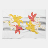 Linge De Cuisine Fleurs blanches jaunes orange sur bandes blanches (Horizontal)