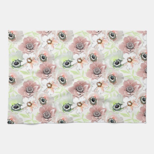 Linge De Cuisine Fleurs blanches, roses. (Horizontal)