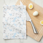 Linge De Cuisine Fleurs blanches sur bleu clair. (Quart Plié)