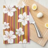 Linge De Cuisine Fleurs blanches sur un arrière - plan rayé (Quart Plié)