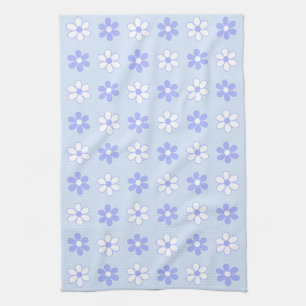 Linge De Cuisine Fleurs bleu ciel et blanc sur bleu clair