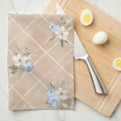 Linge De Cuisine Fleurs Bleues Blanches Beige (Quart Plié)