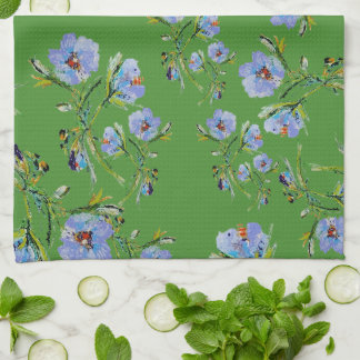 Linge De Cuisine Fleurs bleues peintes à la main sur une jolie serv