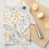 Linge De Cuisine Fleurs botaniques bleu doux et jaune (Quart Plié)