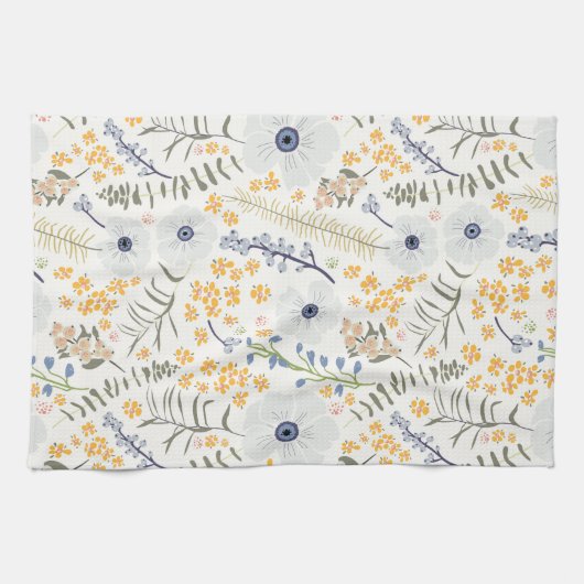 Linge De Cuisine Fleurs botaniques bleu doux et jaune (Horizontal)