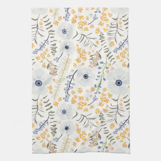 Linge De Cuisine Fleurs botaniques bleu doux et jaune (Vertical)