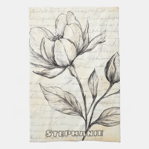 Linge De Cuisine Fleurs botaniques sépia élégantes écriture vintage