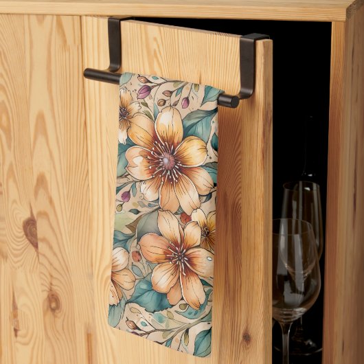 Linge De Cuisine Fleurs bronzées et sarcelles gras (Pliage en tiers)
