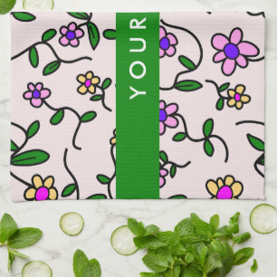 Linge De Cuisine Fleurs Colorées, Fond Rose, Vert