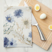 Linge De Cuisine Fleurs Crème Bleue (Quart Plié)