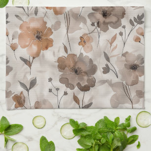 Linge De Cuisine Fleurs Crème Orange Marron