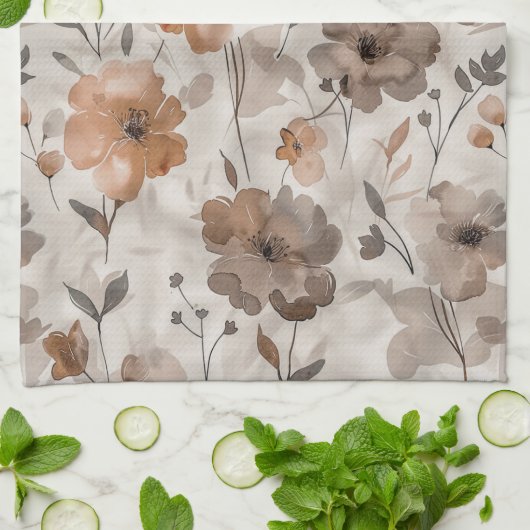 Linge De Cuisine Fleurs Crème Orange Marron (Plié)
