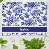 Linge De Cuisine Fleurs Dahlia Bleues et Blanches Toile de Jouy (Plié)