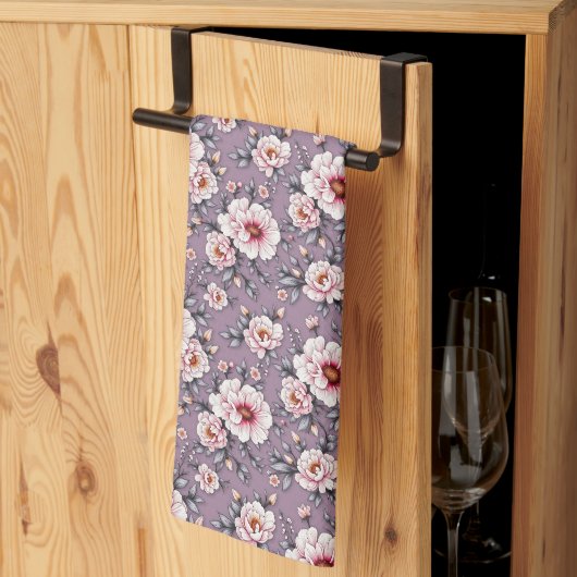 Linge De Cuisine Fleurs d'albâtre sur Dusty Lavender (Pliage en tiers)