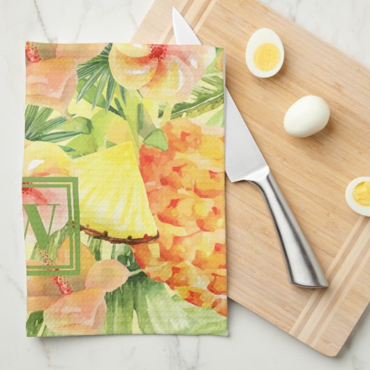 Linge De Cuisine Fleurs d'ananas monogrammes (Quart Plié)