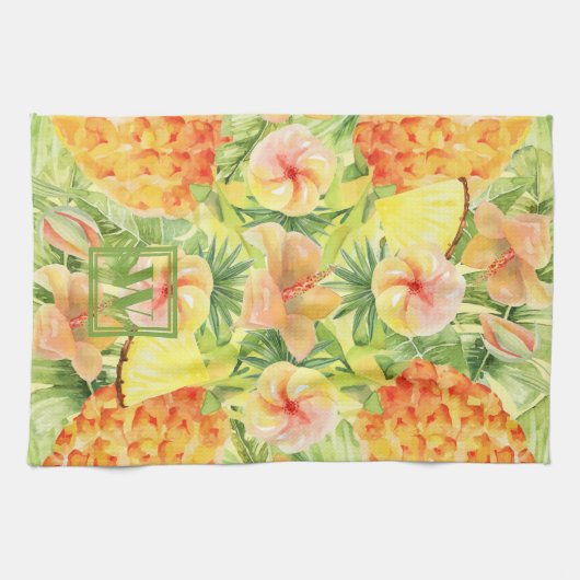 Linge De Cuisine Fleurs d'ananas monogrammes (Horizontal)