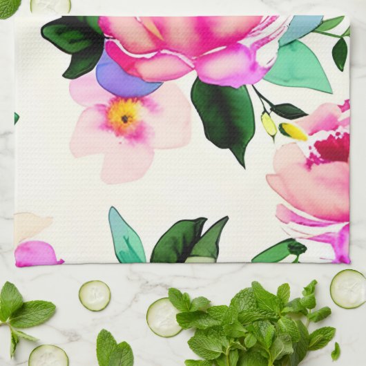 Linge De Cuisine fleurs d'aquarelle rose (Plié)