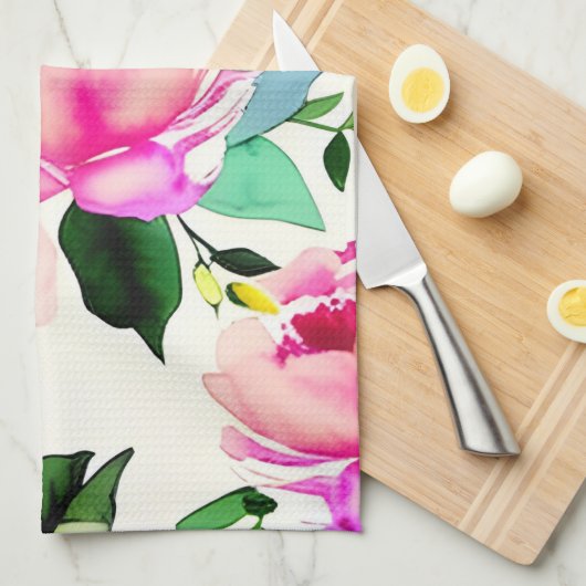 Linge De Cuisine fleurs d'aquarelle rose (Quart Plié)