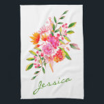 Linge De Cuisine Fleurs d'aquarelle rose mignonne Nom personnalisé<br><div class="desc">Cette belle serviette de cuisine dispose d'un bouquet floral coloré rose et orange aquarelle. Personnalisez-le avec votre nom dans une typographie stylisée. Super idée cadeau.</div>