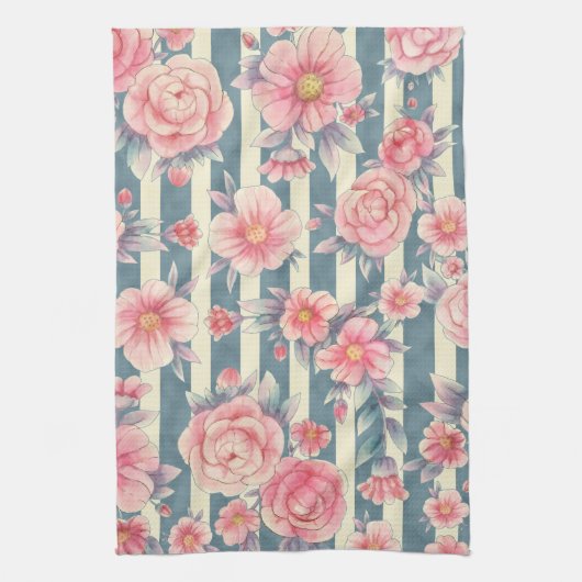 Linge De Cuisine Fleurs d'aquarelle rose sur bandes (Vertical)