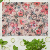 Linge De Cuisine Fleurs d'aquarelle rouge sur beige. (Plié)