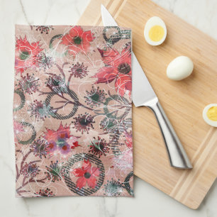 Linge De Cuisine Fleurs d'aquarelle rouge sur beige.