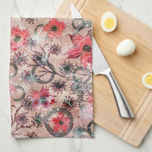 Linge De Cuisine Fleurs d'aquarelle rouge sur beige. (Quart Plié)