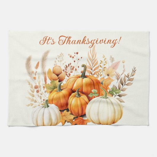 Linge De Cuisine Fleurs d'automne Citrouille blanc Thanksgiving (Horizontal)