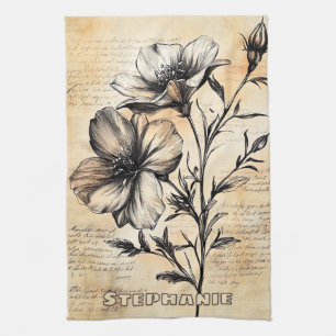 Linge De Cuisine Fleurs de campagne françaises botaniques sépia rus