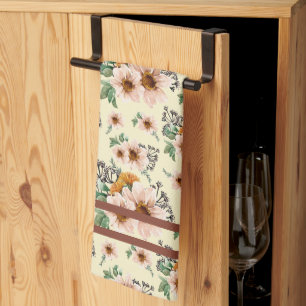 Linge De Cuisine Fleurs de campagne rose, jaune et rouille aquarell