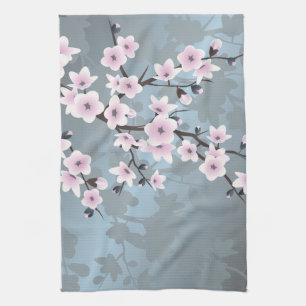 Linge De Cuisine Fleurs de cerisier rose saumâtre bleu floral