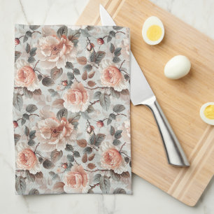 Linge De Cuisine Fleurs de crème avec feuilles gris sur un gris cla