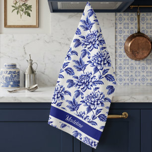 Linge De Cuisine Fleurs de dahlia bleues et blanches Toile de Jouy