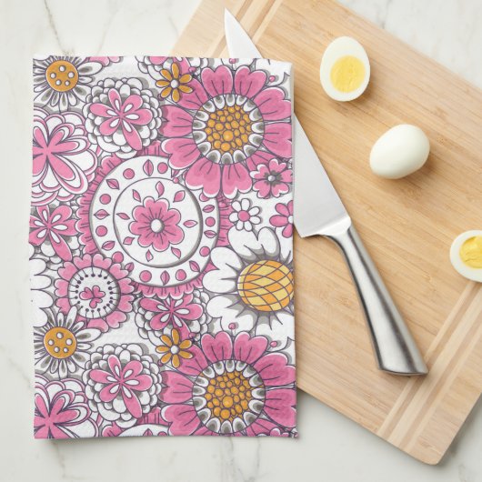 Linge De Cuisine Fleurs de gribouillis (Quart Plié)