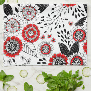 Linge De Cuisine Fleurs de gribouillis et feuilles en rouge et noir
