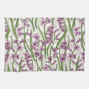 Linge De Cuisine Fleurs de Hyacinth rose sur blanc naturel