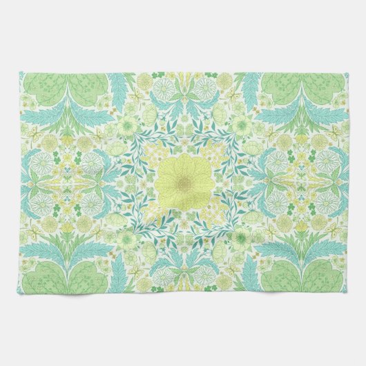 Linge De Cuisine Fleurs de jardin rétro en vert et jaune (Horizontal)
