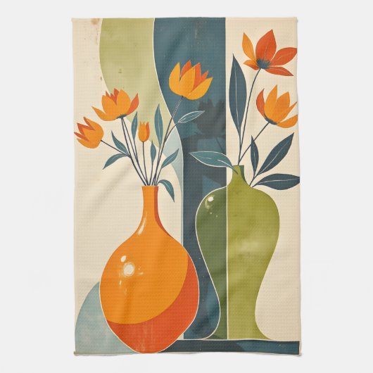 Linge De Cuisine Fleurs de milieu de siècle Bleu fumé Vert olive Ci (Vertical)