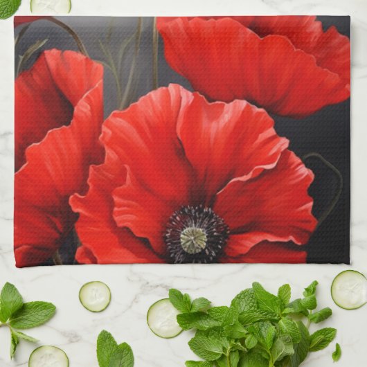 Linge De Cuisine Fleurs de pavot rouge (Plié)