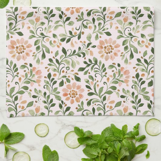 Linge De Cuisine Fleurs de Pêche Rose Feuilles Vertes (Plié)