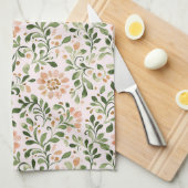 Linge De Cuisine Fleurs de Pêche Rose Feuilles Vertes (Quart Plié)