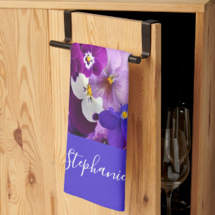 Linge De Cuisine Fleurs de Pensée Fleurie Violet Bleu Blanc Monogra